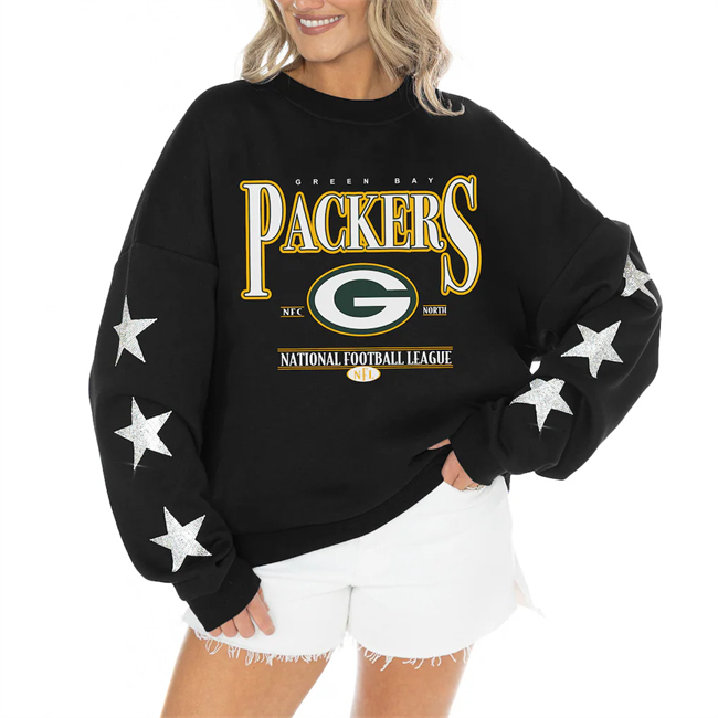 Women's Black Green Bay Packers Gameday Couture Rhinestone Star Sleeve Settle the Score Oversized Tri-Blend Pullover(Run Small)